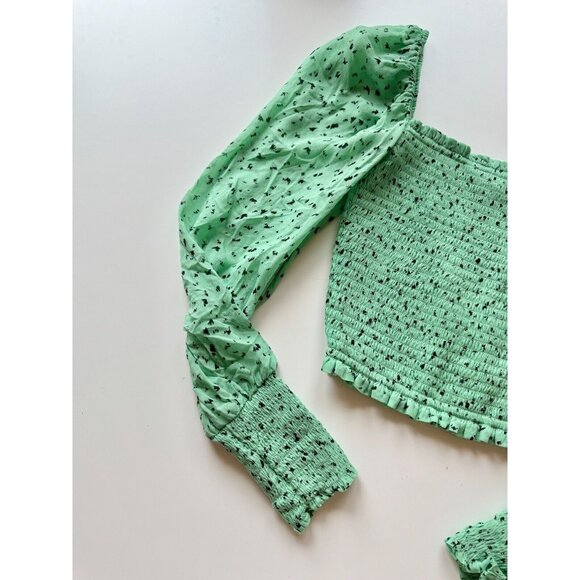 Aritzia LITTLE MOON Gimlet Green Chiffon Smocked Square Neck Blouse, Size S - Picture 6 of 13